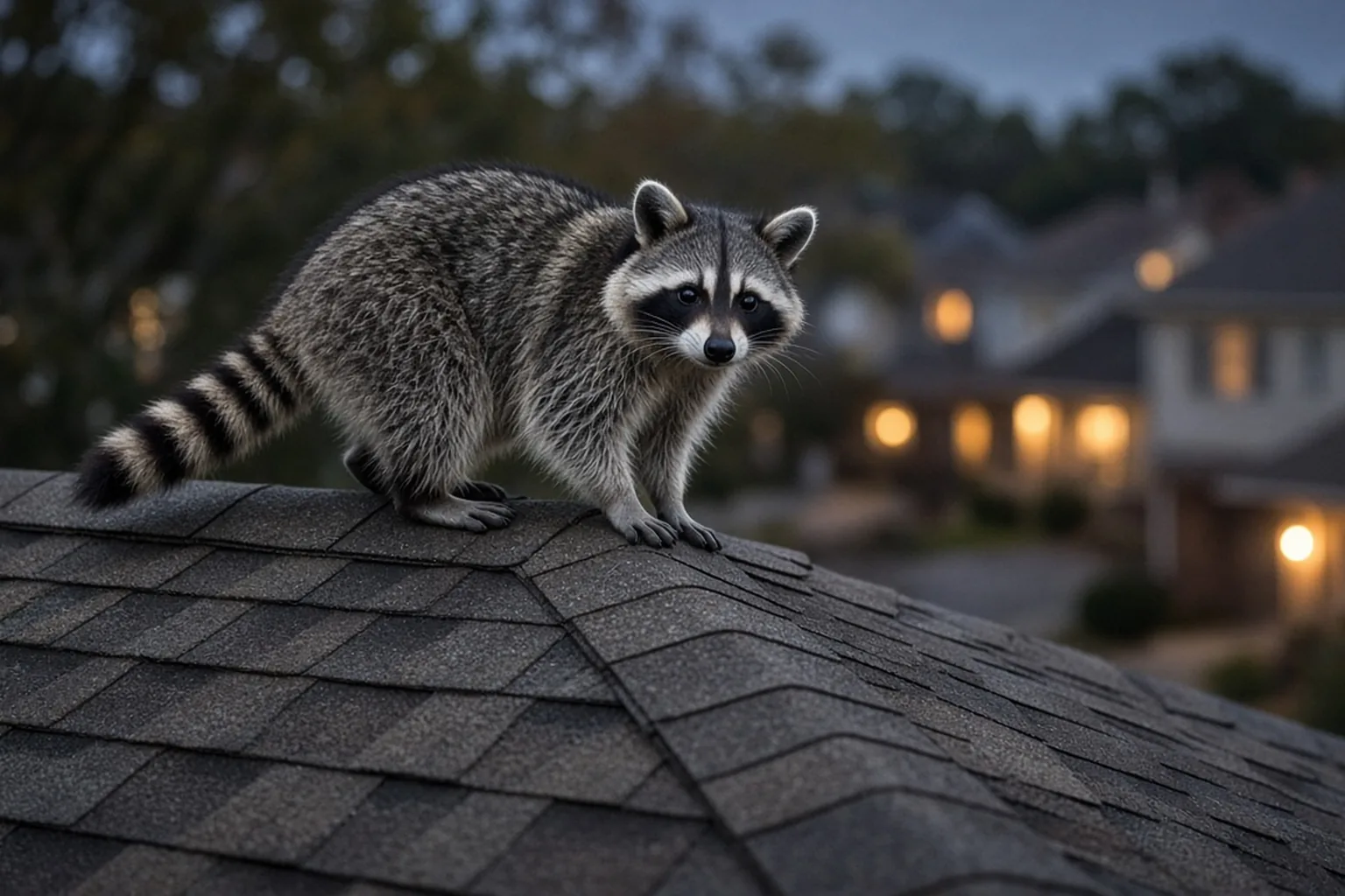 Raccoon on a residential roofline at dusk